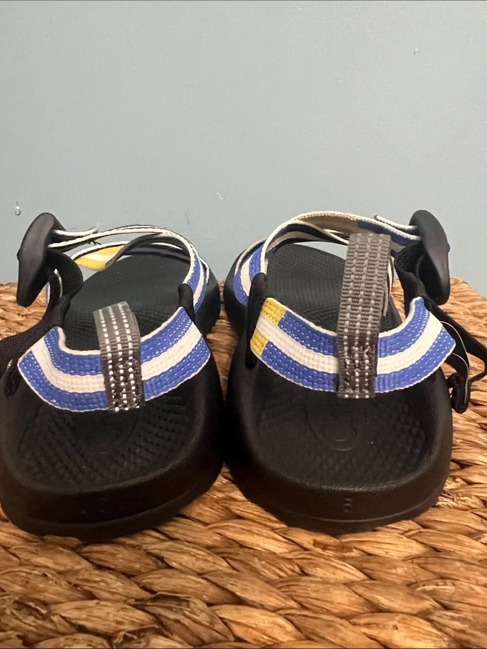 Chaco Black Sandal with Blue, White & Yellow Straps Kids Sz 6